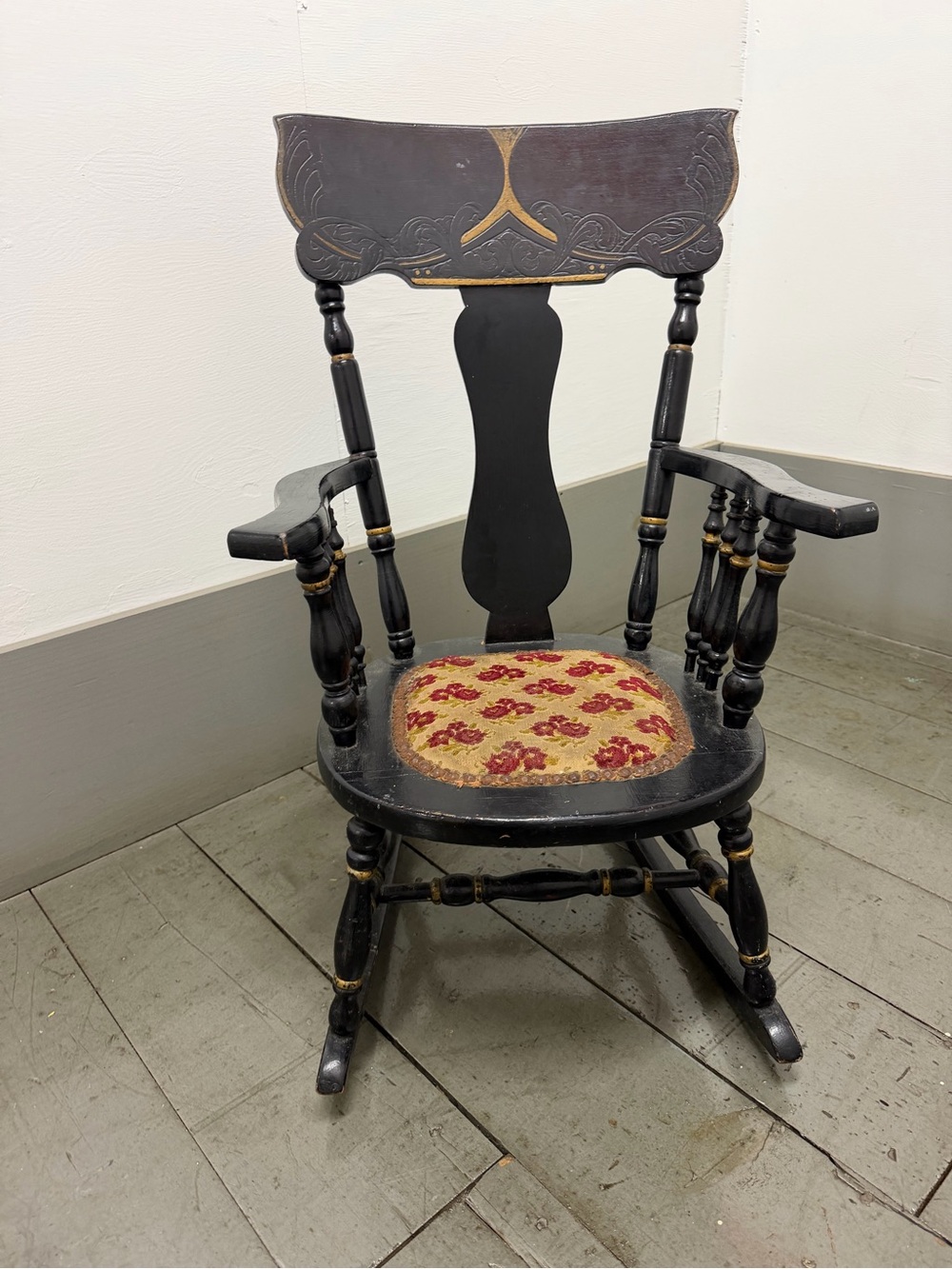 Antique Victorian Eastlake Style Wood Rocking Chair Black Gold Upholstered